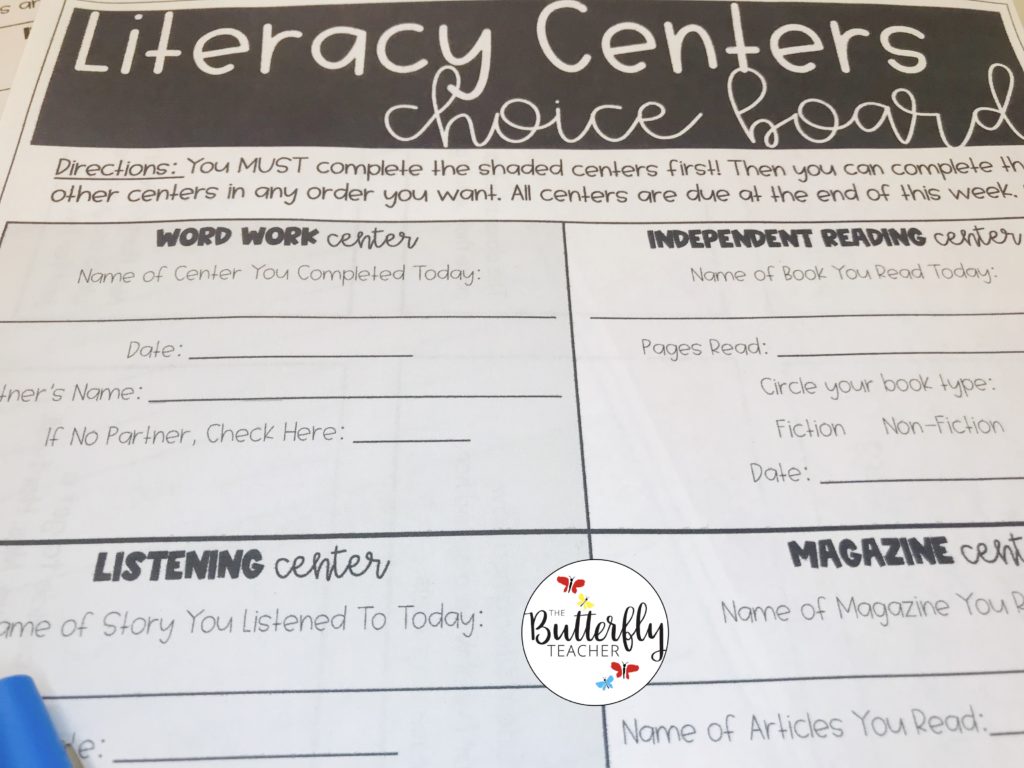 literacy center choice boards