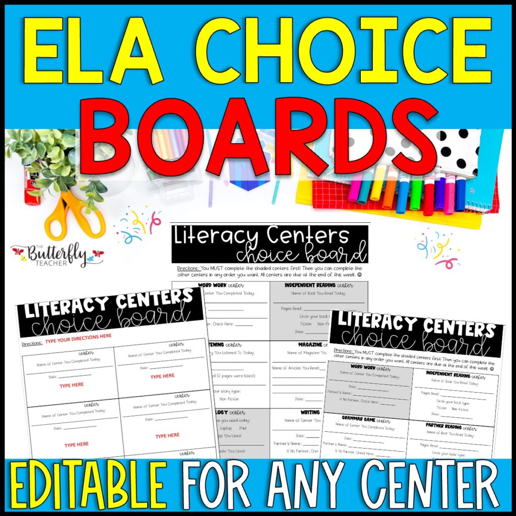literacy center choice boards