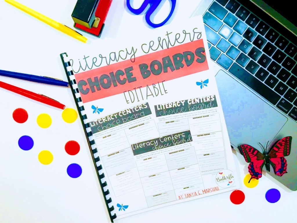 literacy center choice boards for early finisher activities