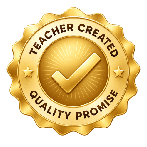 Gold seal reading Teacher Created and Quality Promise, featuring a checkmark and stars.