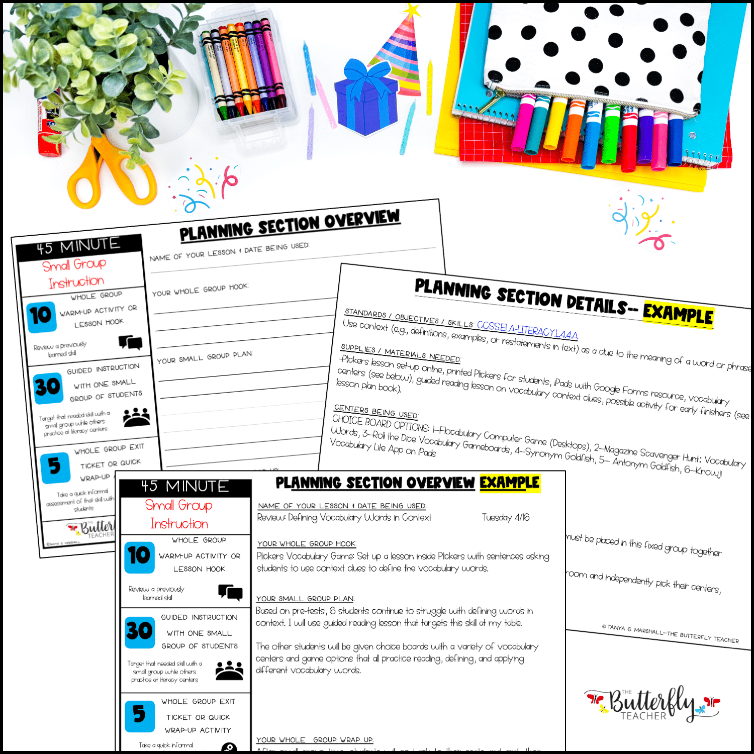 Pages from the free small group planning kit, including rotation planners and an example plan