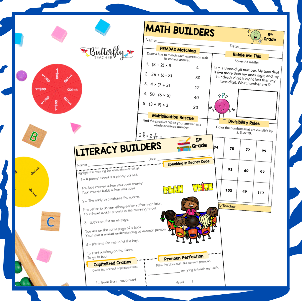 5th Grade Spiral math & ELA review morning work