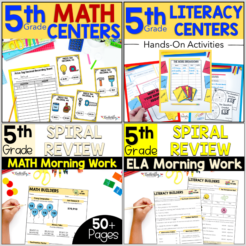 new 5th grade teacher recommended math & ela centers and spiral review worksheets