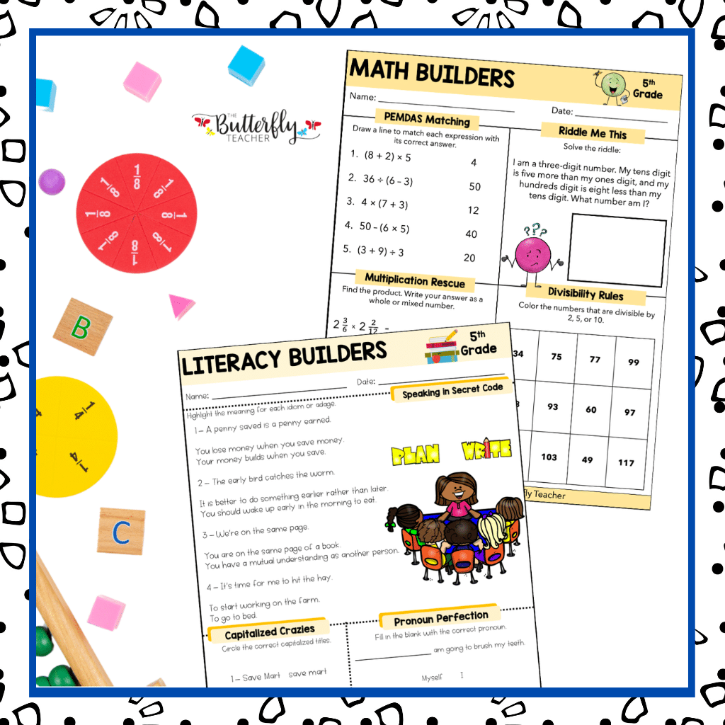 5th Grade Spiral math & ELA review morning work